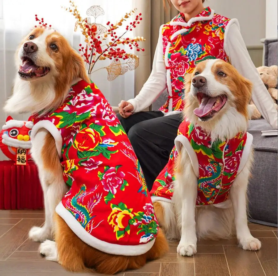 New Year Dog Dragon Robe Winter Warm Cat Cheongsam Pet Clothe Vest of The Tang Dynasty Christmas Coat for Cats Teddy Bichon Dogs