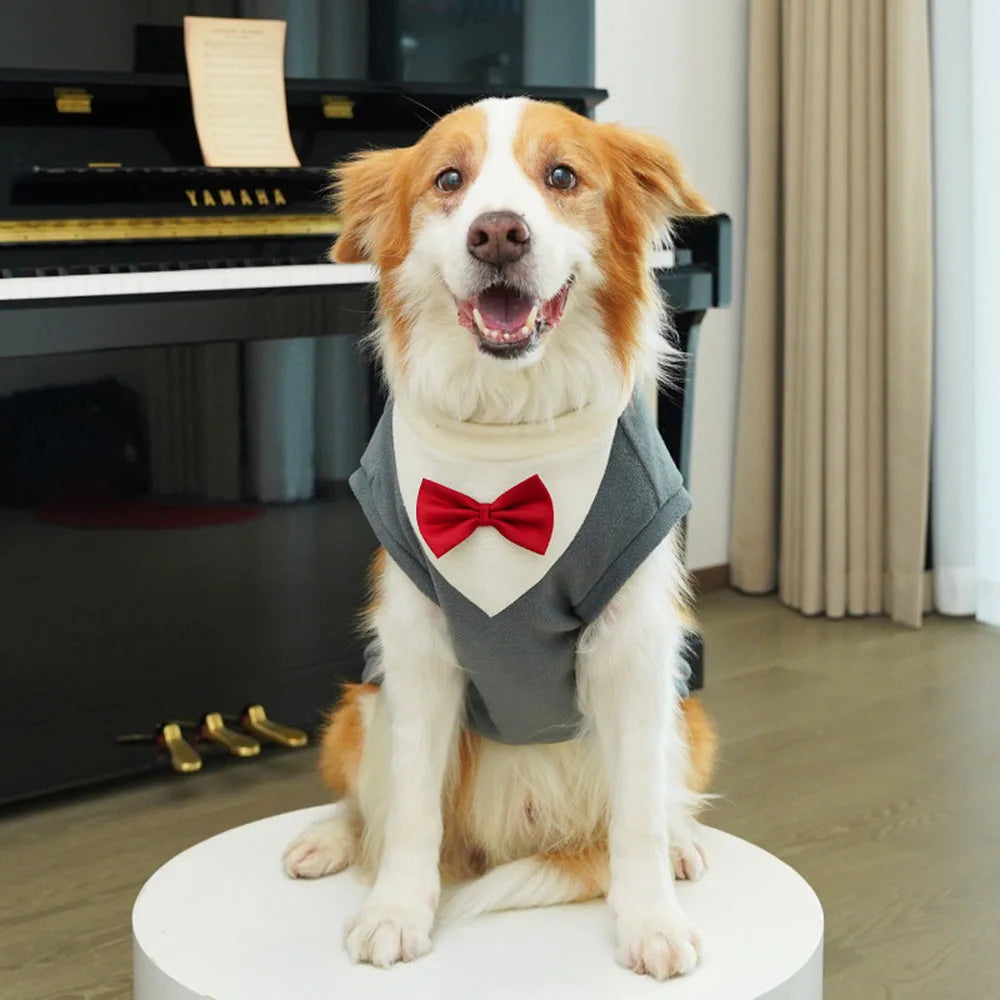 Large Dogs Tuxedo Wedding Costume Winter Warm Plush Dog Sweater Coat Suit with Bowtie for Male Dogs Pet Party Dress Up Supplies