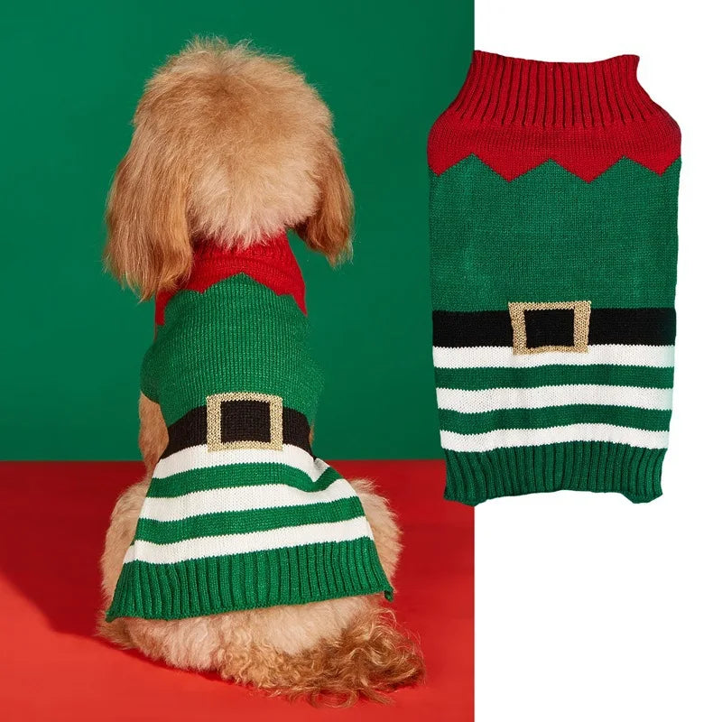 Christmas Pet Sweater for Dogs Cats Gingerbread Man Snowflake Knitted Xmas Jumper, Antler Hoodie with Belt, Warm Festive Costume