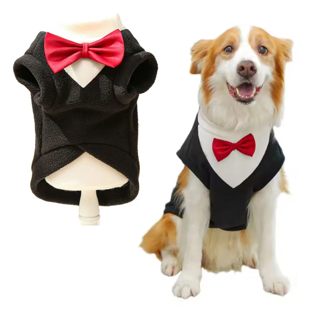 Large Dogs Tuxedo Wedding Costume Winter Warm Plush Dog Sweater Coat Suit with Bowtie for Male Dogs Pet Party Dress Up Supplies