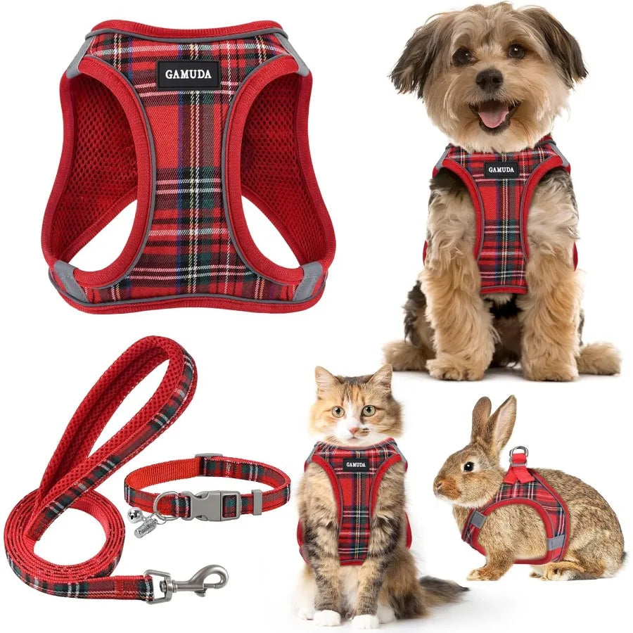 Small Dog Harness Collar and Leash Set for Puppy Cats Kitten Rabbit with Soft Mesh Adjustable Vest Design in Plaid Reflective P