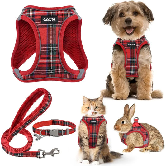 Small Dog Harness Collar and Leash Set for Puppy Cats Kitten Rabbit with Soft Mesh Adjustable Vest Design in Plaid Reflective P