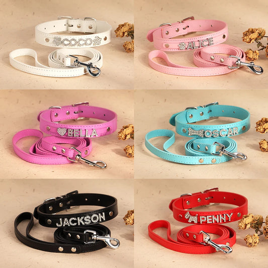 Custom PU Leather Dog Collar Leash Set Personalized DIY Name Charms Collars Bling Rhinestone Pet Necklace For Small Medium Dogs