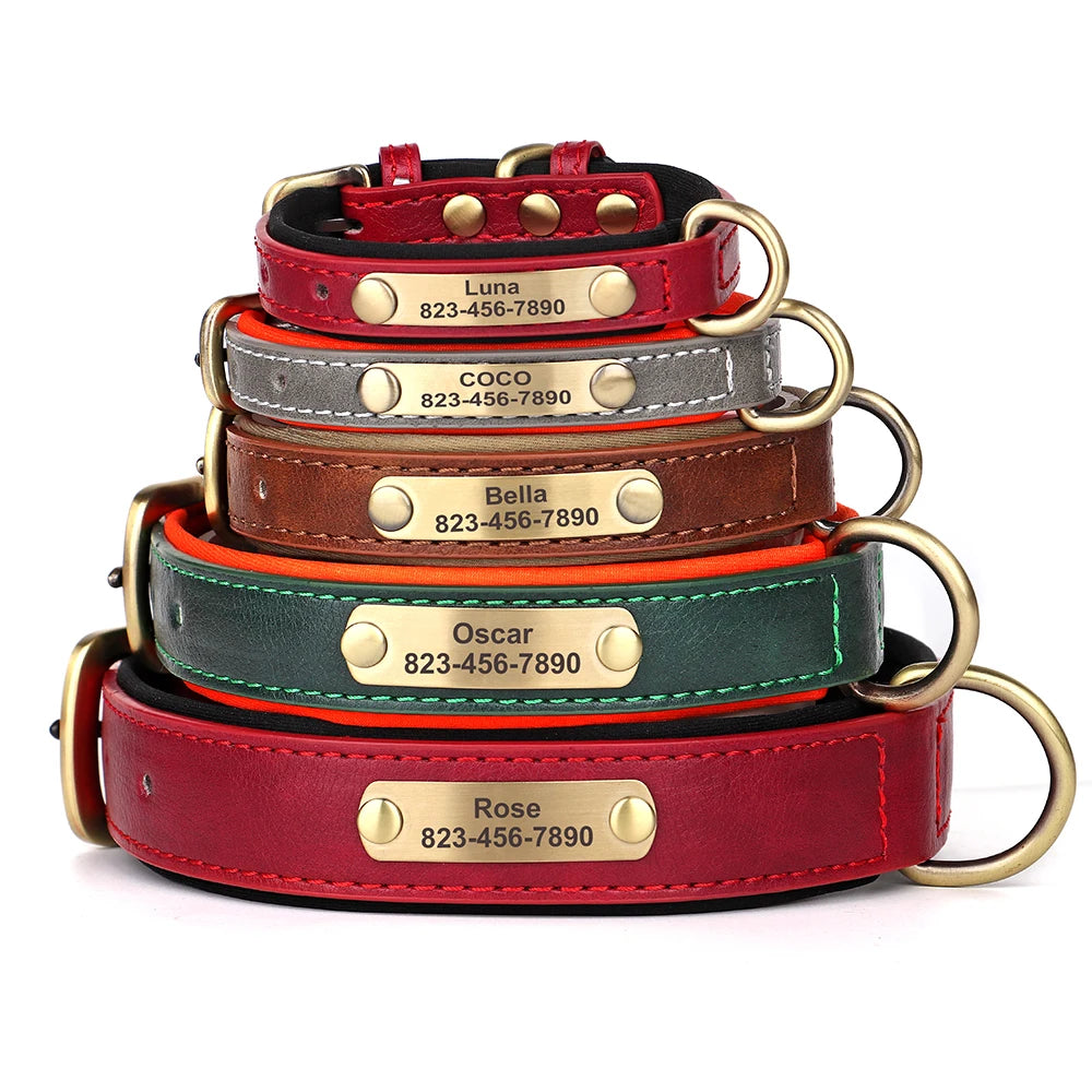 Custom ID Name Dog Collar PU Leather Dogs Collars Adjustable Pet Necklace Padded for Small Medium Large Dogs Pug Free Engraving