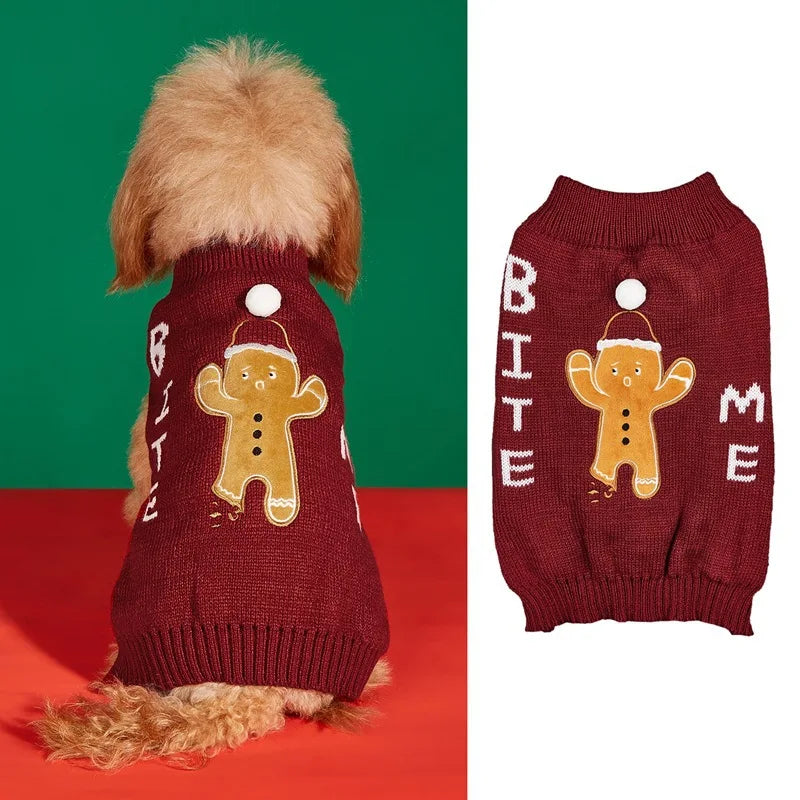 Christmas Pet Sweater for Dogs Cats Gingerbread Man Snowflake Knitted Xmas Jumper, Antler Hoodie with Belt, Warm Festive Costume