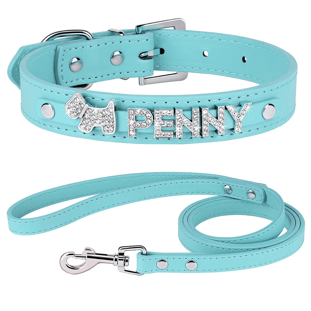 Custom PU Leather Dog Collar Leash Set Personalized DIY Name Charms Collars Bling Rhinestone Pet Necklace For Small Medium Dogs