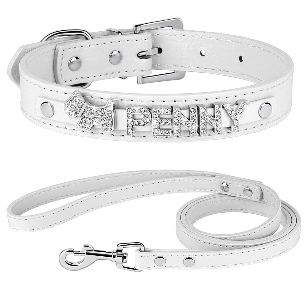 Custom PU Leather Dog Collar Leash Set Personalized DIY Name Charms Collars Bling Rhinestone Pet Necklace For Small Medium Dogs