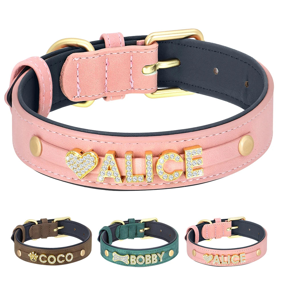 Free Personalized Rhinestone Dog Collar Padded PU Leather Puppy Dog Collars Free Custom Name Charm Necklace For Dogs Chihuahua