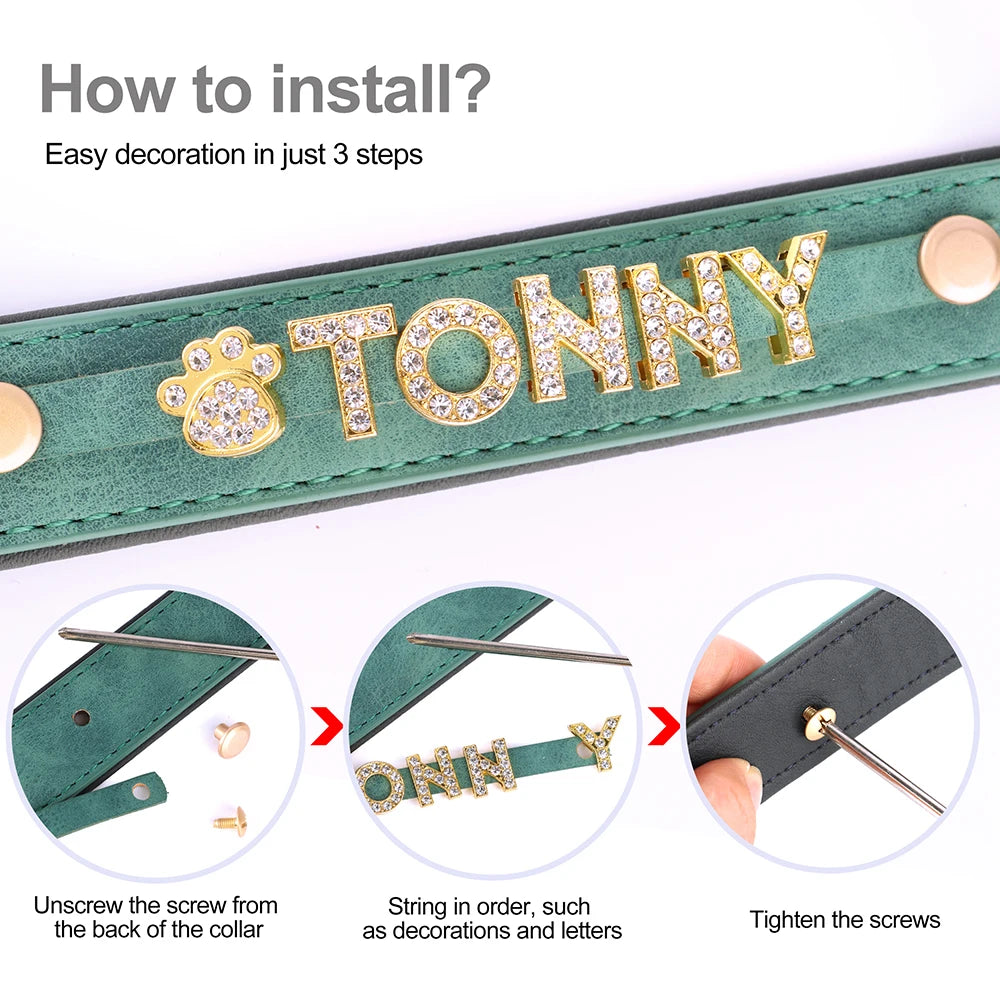 Free Personalized Rhinestone Dog Collar Padded PU Leather Puppy Dog Collars Free Custom Name Charm Necklace For Dogs Chihuahua