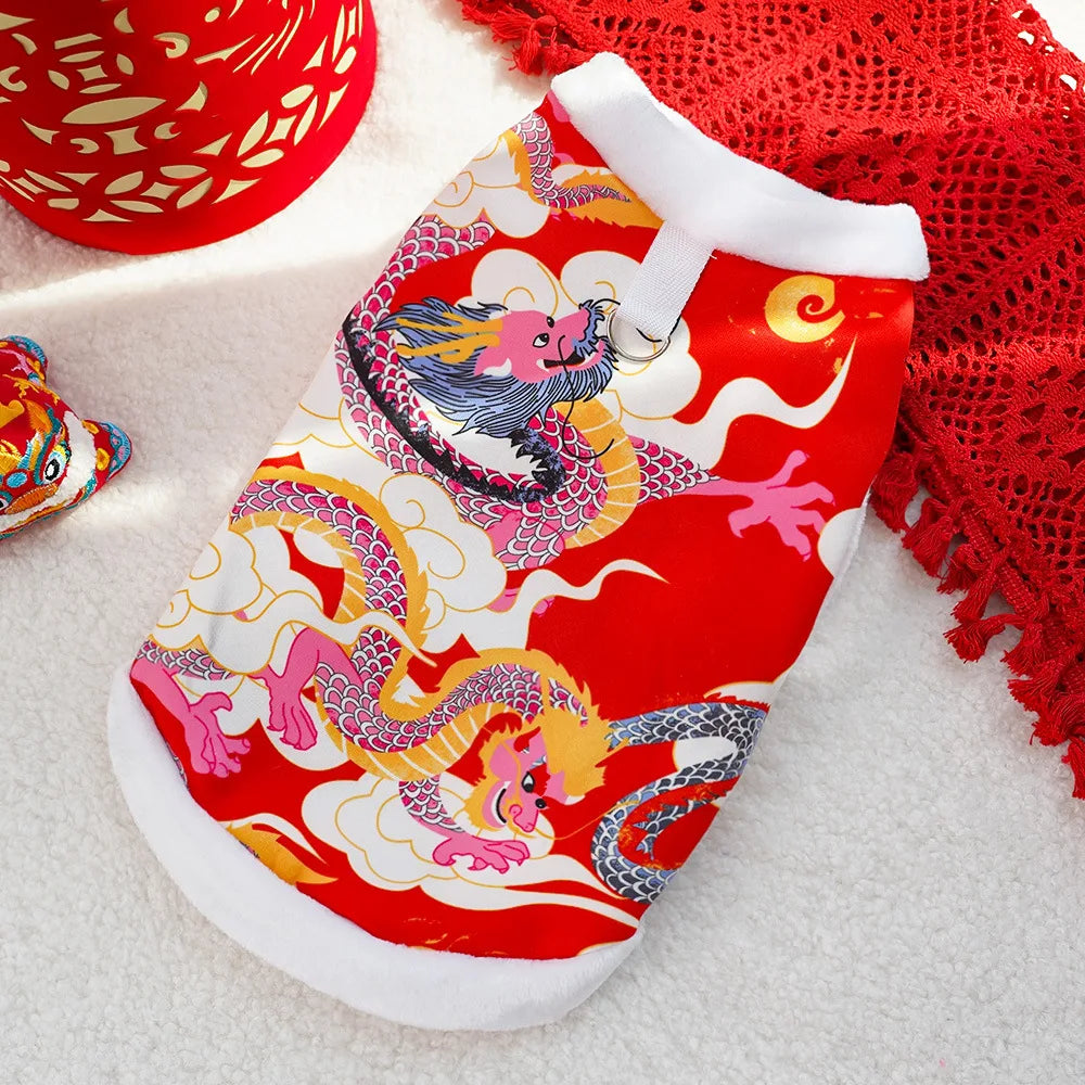 New Year Dog Dragon Robe Winter Warm Cat Cheongsam Pet Clothe Vest of The Tang Dynasty Christmas Coat for Cats Teddy Bichon Dogs