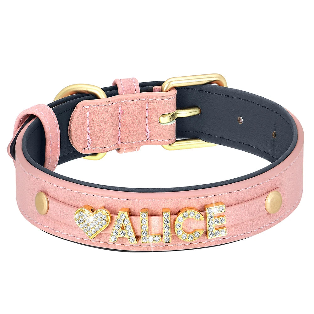 Free Personalized Rhinestone Dog Collar Padded PU Leather Puppy Dog Collars Free Custom Name Charm Necklace For Dogs Chihuahua