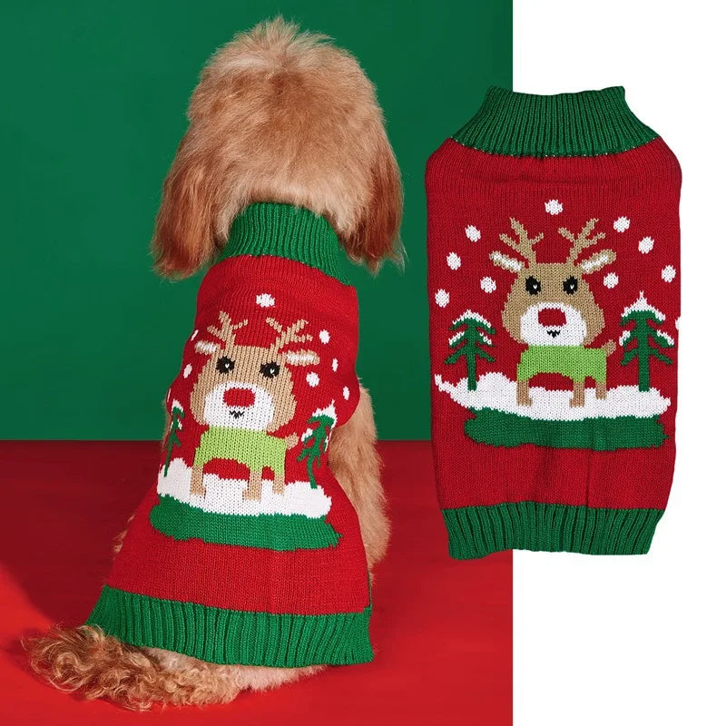 Christmas Pet Sweater for Dogs Cats Gingerbread Man Snowflake Knitted Xmas Jumper, Antler Hoodie with Belt, Warm Festive Costume