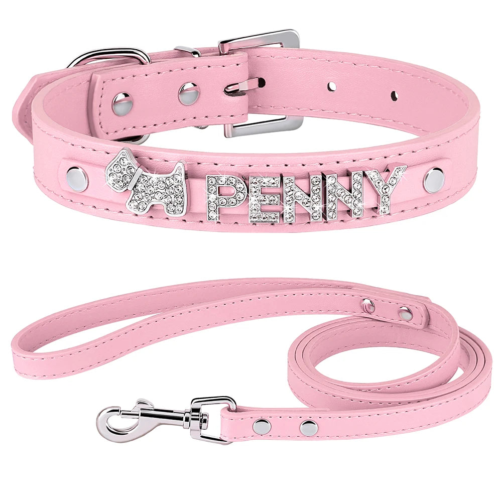Custom PU Leather Dog Collar Leash Set Personalized DIY Name Charms Collars Bling Rhinestone Pet Necklace For Small Medium Dogs