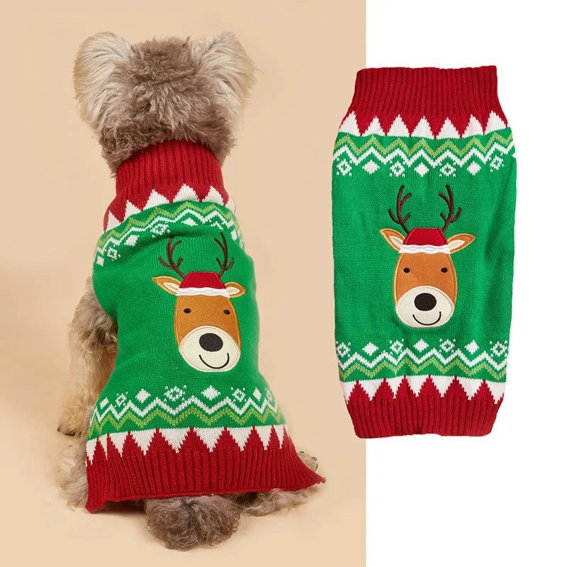 Christmas Pet Sweater for Dogs Cats Gingerbread Man Snowflake Knitted Xmas Jumper, Antler Hoodie with Belt, Warm Festive Costume