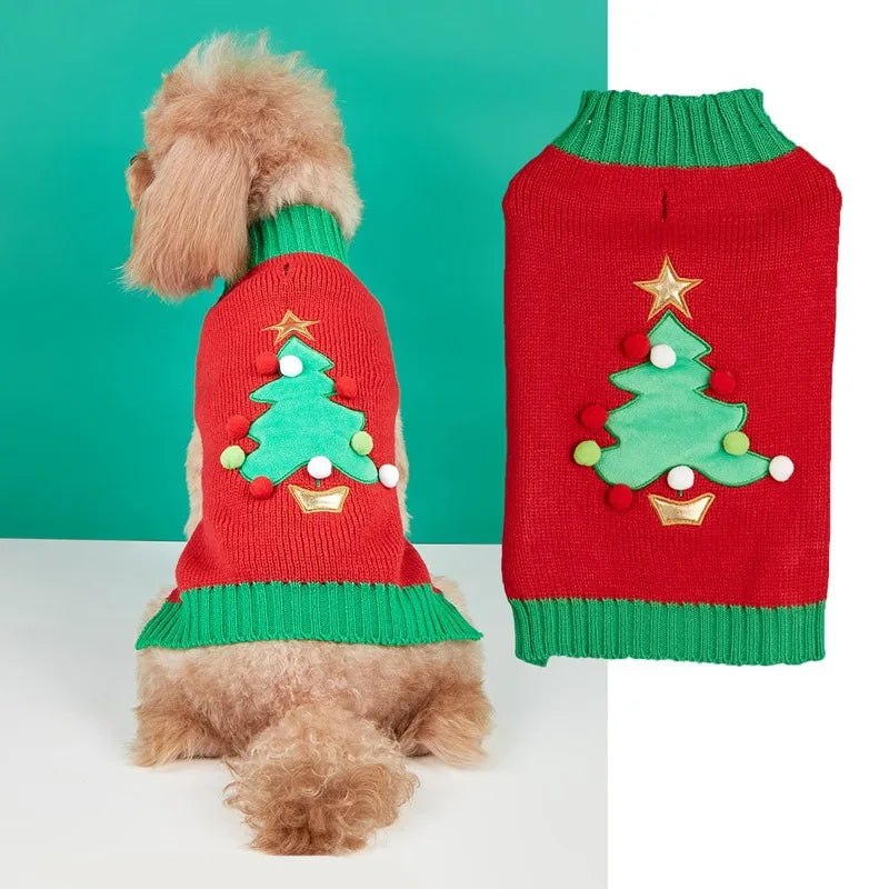 Christmas Pet Sweater for Dogs Cats Gingerbread Man Snowflake Knitted Xmas Jumper, Antler Hoodie with Belt, Warm Festive Costume