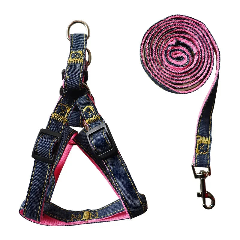 Denim Dog Collar Harness Set, Pet Accessories, Puppy and Cat Collar, Chest Strap, Pug Vest, Outdoor Walking Lead Leash