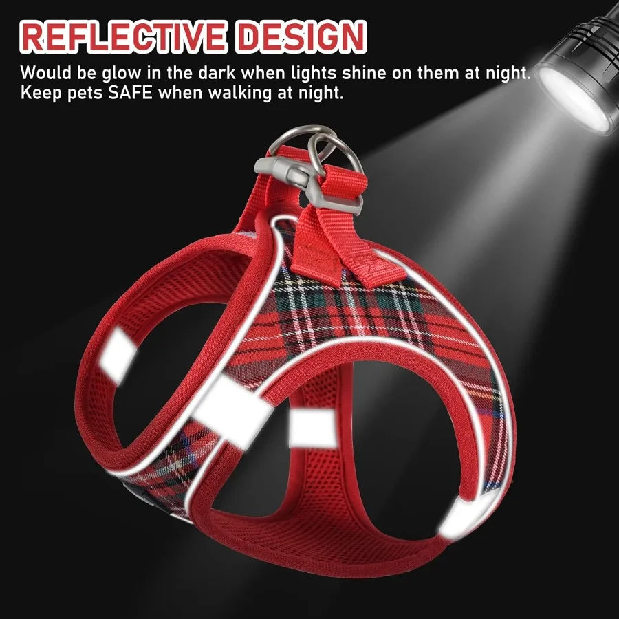 Small Dog Harness Collar and Leash Set for Puppy Cats Kitten Rabbit with Soft Mesh Adjustable Vest Design in Plaid Reflective P