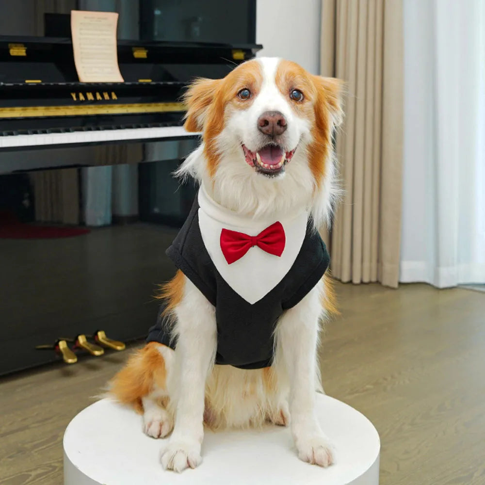 Large Dogs Tuxedo Wedding Costume Winter Warm Plush Dog Sweater Coat Suit with Bowtie for Male Dogs Pet Party Dress Up Supplies