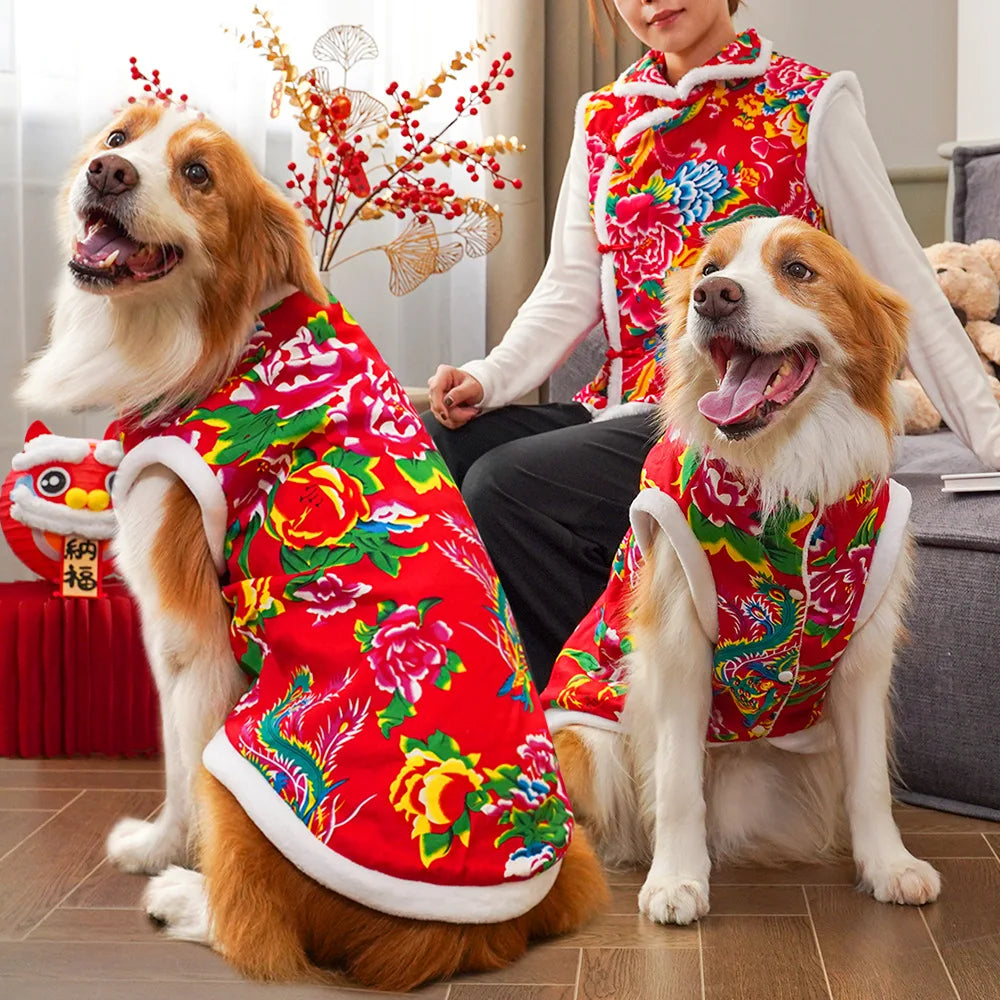 New Year Dog Dragon Robe Winter Warm Cat Cheongsam Pet Clothe Vest of The Tang Dynasty Christmas Coat for Cats Teddy Bichon Dogs