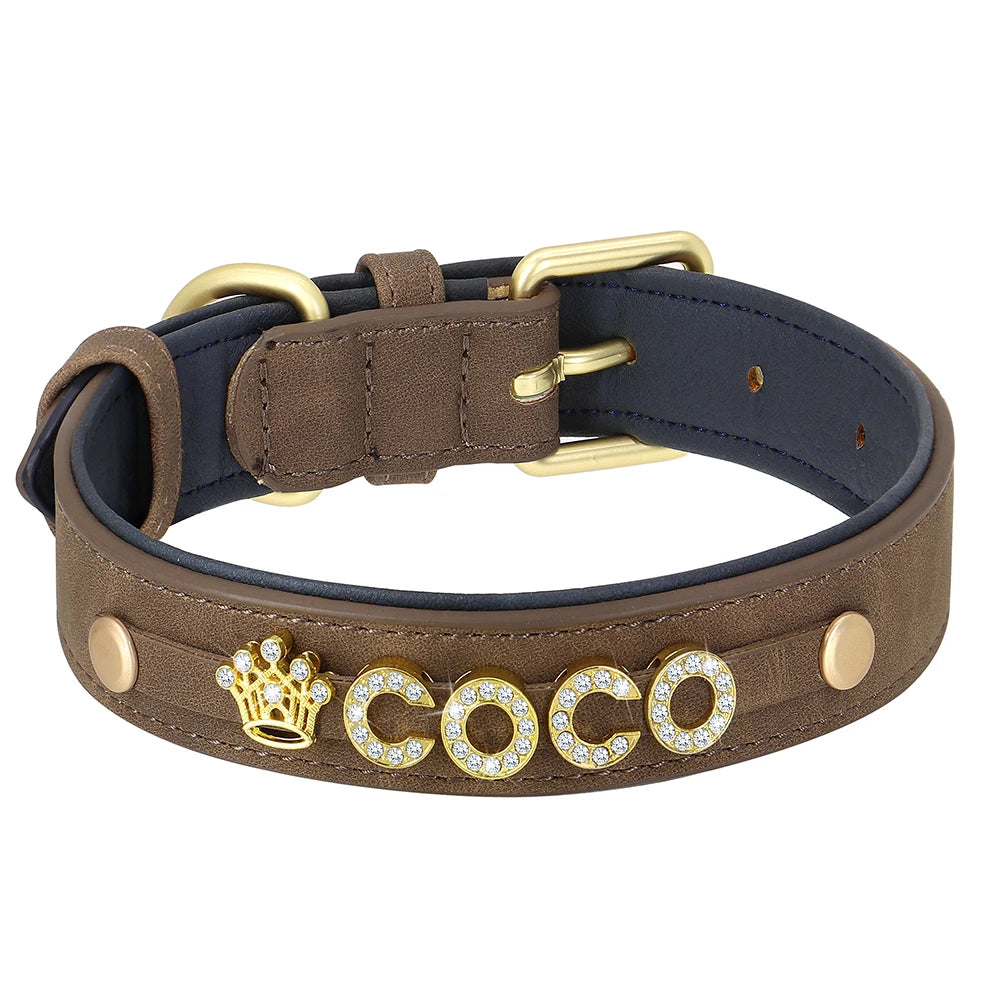 Free Personalized Rhinestone Dog Collar Padded PU Leather Puppy Dog Collars Free Custom Name Charm Necklace For Dogs Chihuahua