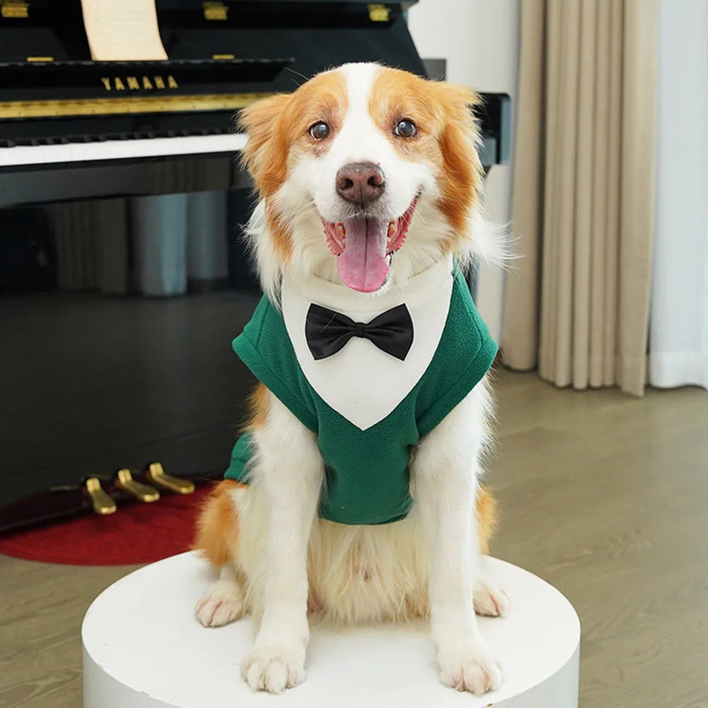 Large Dogs Tuxedo Wedding Costume Winter Warm Plush Dog Sweater Coat Suit with Bowtie for Male Dogs Pet Party Dress Up Supplies