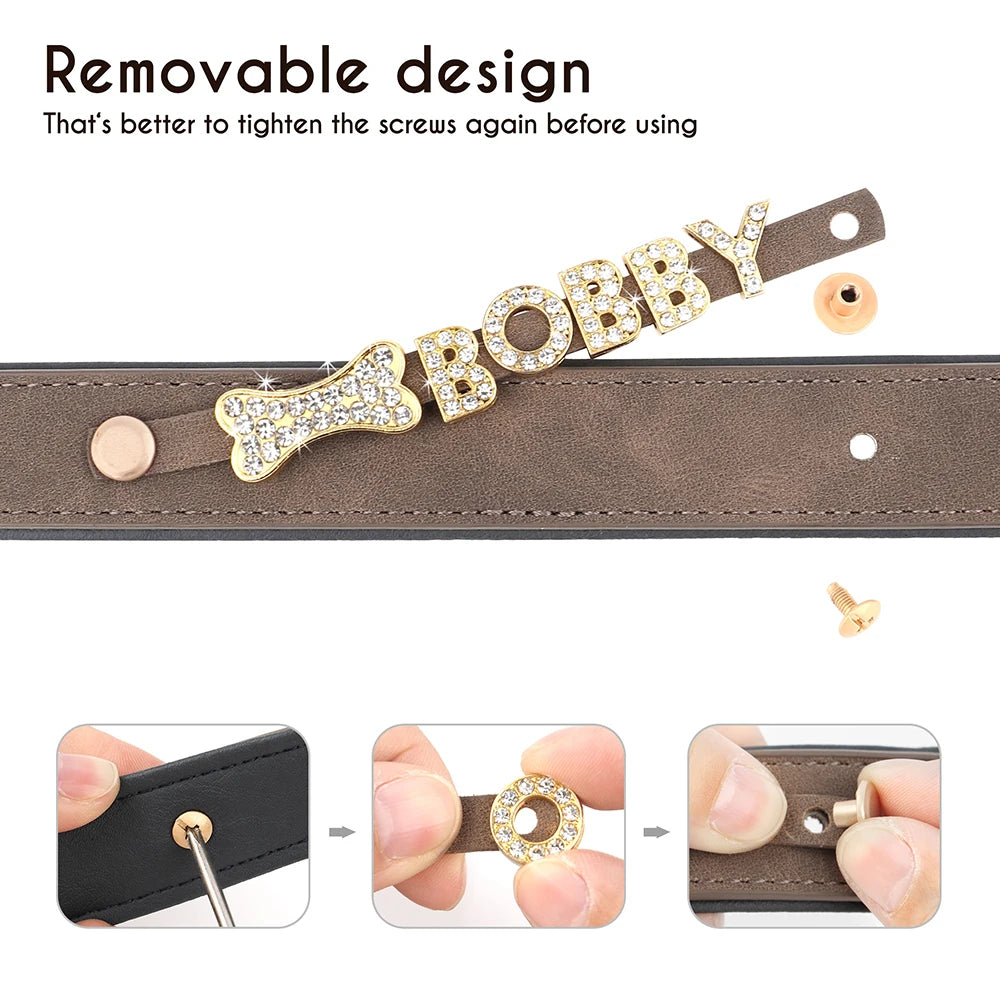 Free Personalized Rhinestone Dog Collar Padded PU Leather Puppy Dog Collars Free Custom Name Charm Necklace For Dogs Chihuahua