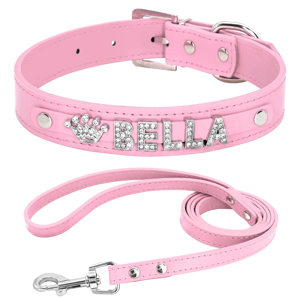 Custom PU Leather Dog Collar Leash Set Personalized DIY Name Charms Collars Bling Rhinestone Pet Necklace For Small Medium Dogs