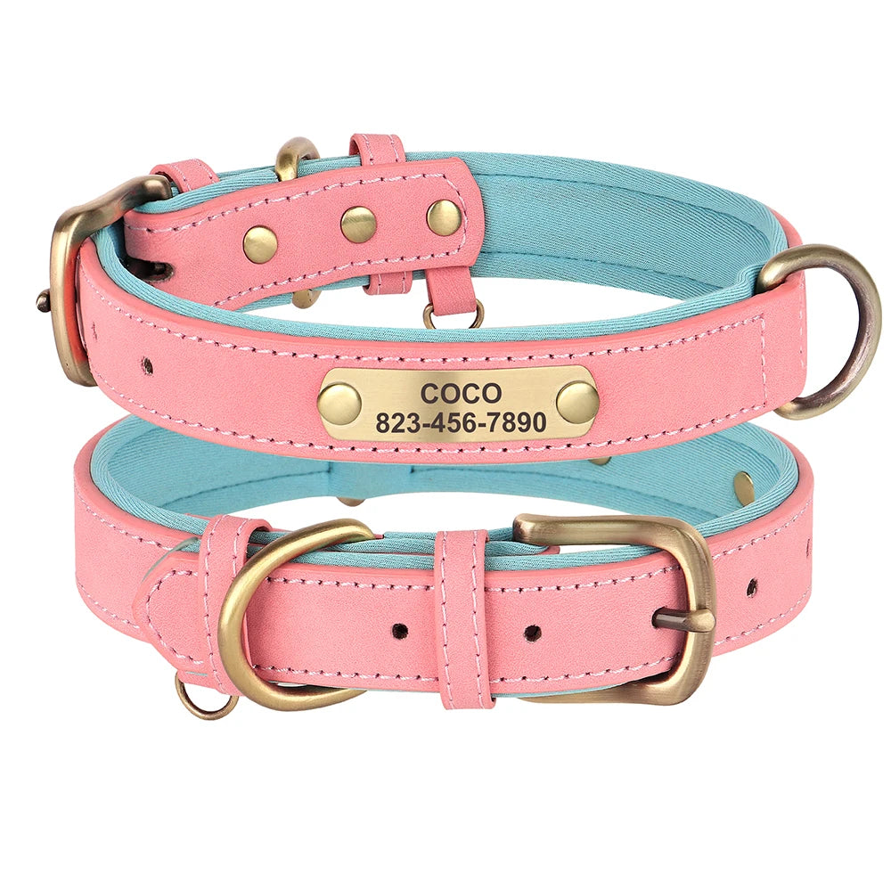 Custom ID Name Dog Collar PU Leather Dogs Collars Adjustable Pet Necklace Padded for Small Medium Large Dogs Pug Free Engraving