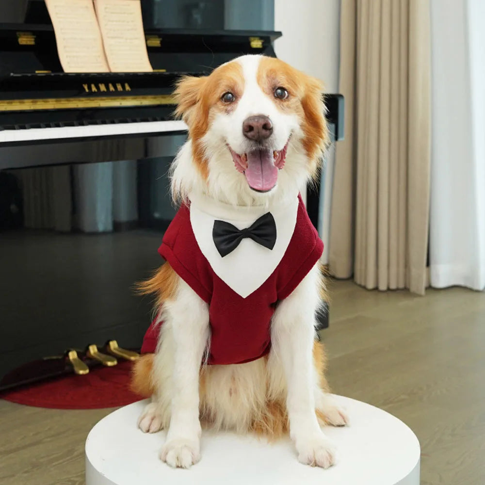 Large Dogs Tuxedo Wedding Costume Winter Warm Plush Dog Sweater Coat Suit with Bowtie for Male Dogs Pet Party Dress Up Supplies