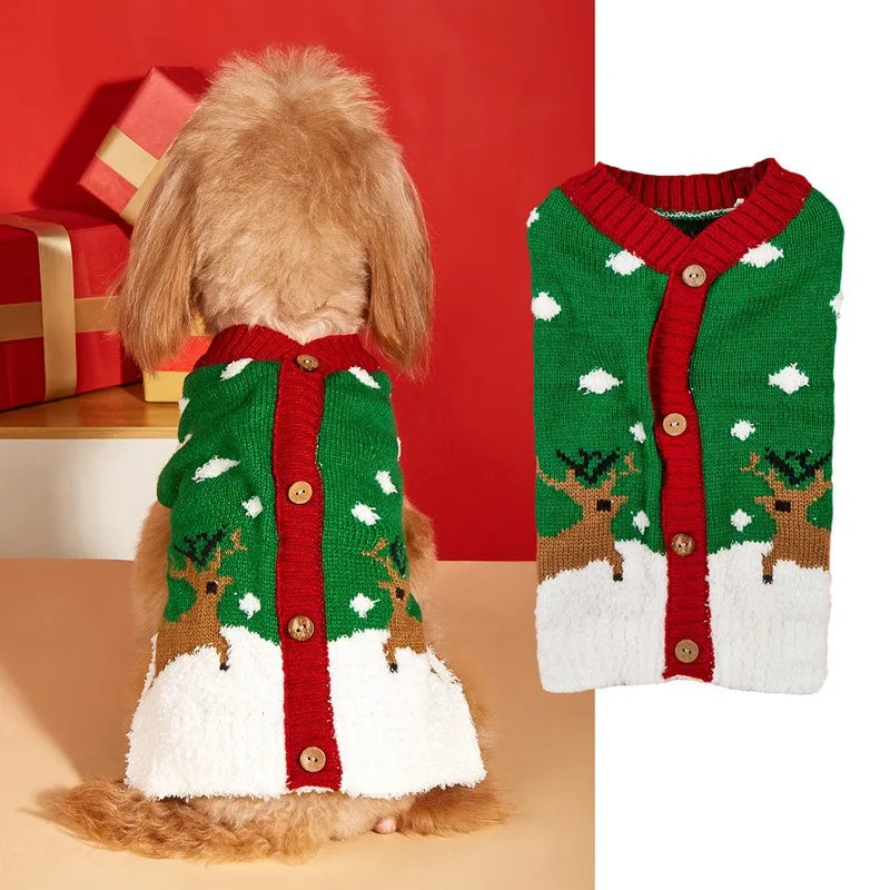 Christmas Pet Sweater for Dogs Cats Gingerbread Man Snowflake Knitted Xmas Jumper, Antler Hoodie with Belt, Warm Festive Costume