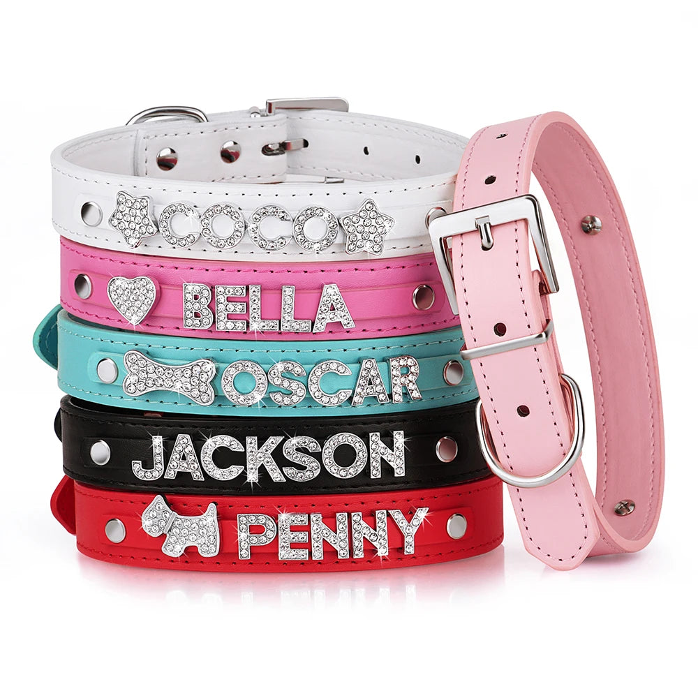 Custom PU Leather Dog Collar Leash Set Personalized DIY Name Charms Collars Bling Rhinestone Pet Necklace For Small Medium Dogs