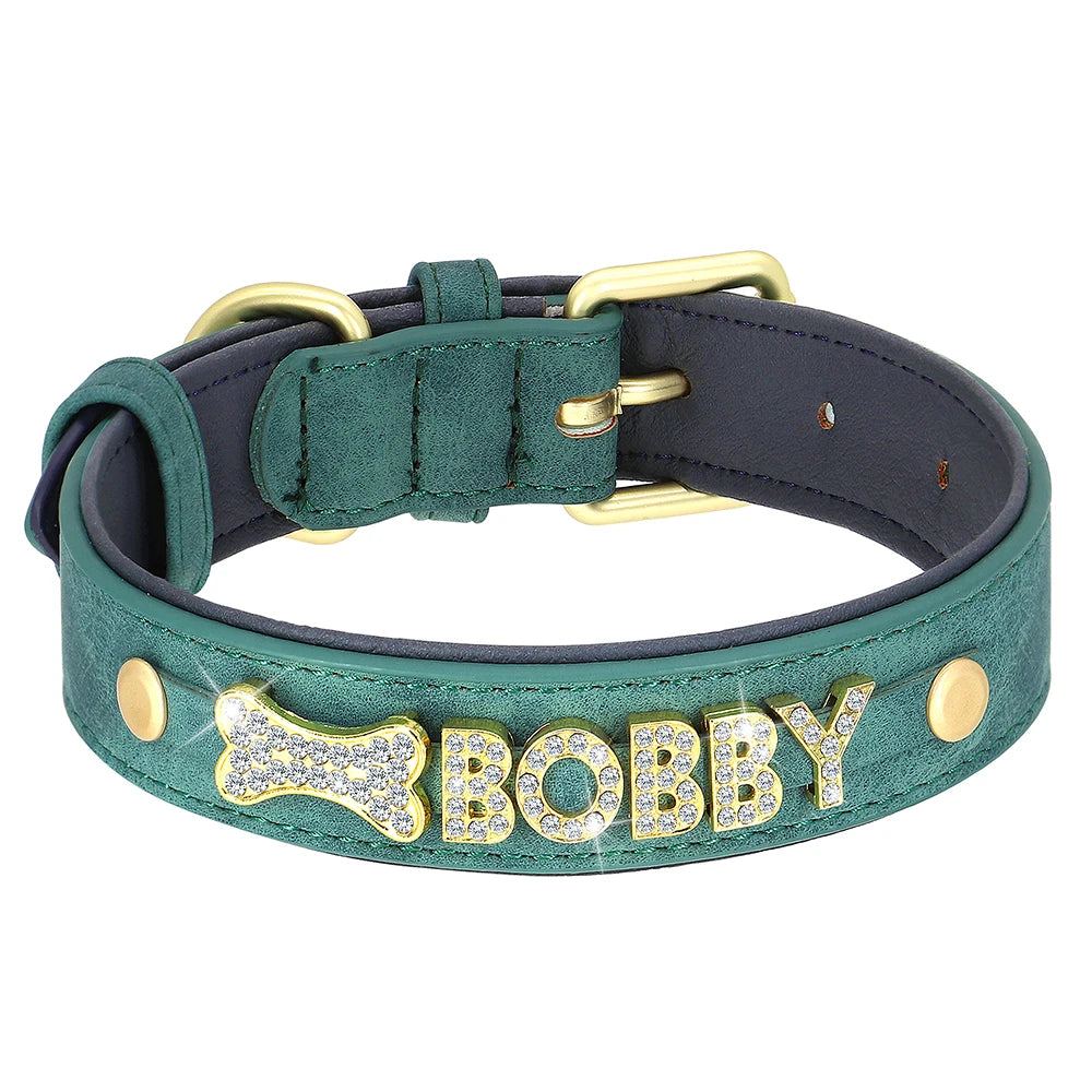 Free Personalized Rhinestone Dog Collar Padded PU Leather Puppy Dog Collars Free Custom Name Charm Necklace For Dogs Chihuahua